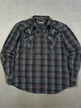 Panhandle Slim Black and Gray Plaid Embroidered Western Shirt Y2K